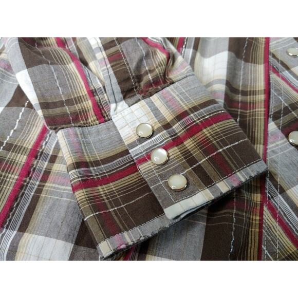 Wrangler Mens Medium Long Sleeve Brown/Red Plaid Pearl Snap Shirt - Picture 6 of 9